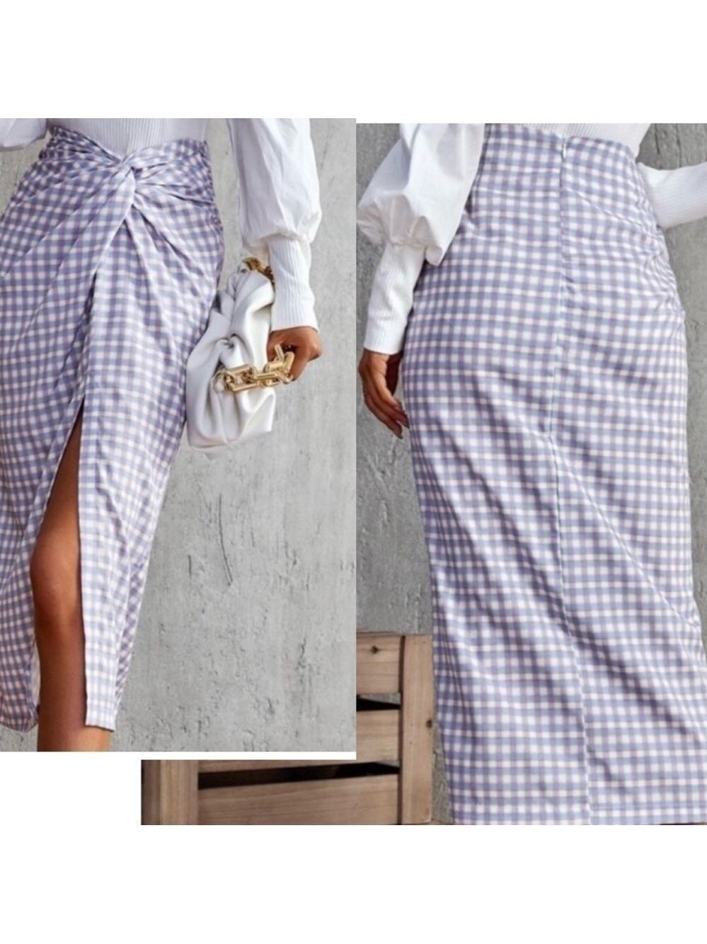 Zara purple blue plaid check front high slit twist knot midi pencil skirt S NWT